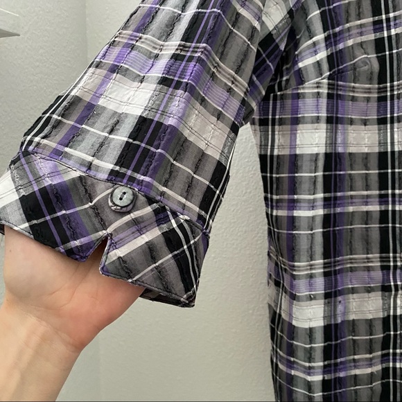 Allison Daley Purple Plaid Textured Button Down 3/4 Sleeve - Picture 7 of 13